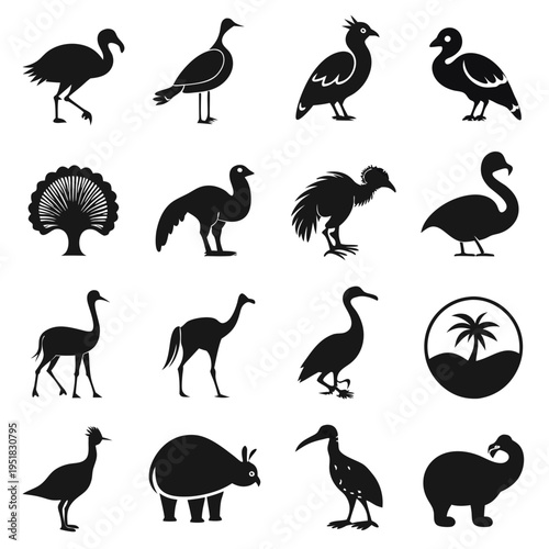 Collection of silhouetted birds and related nature elements
