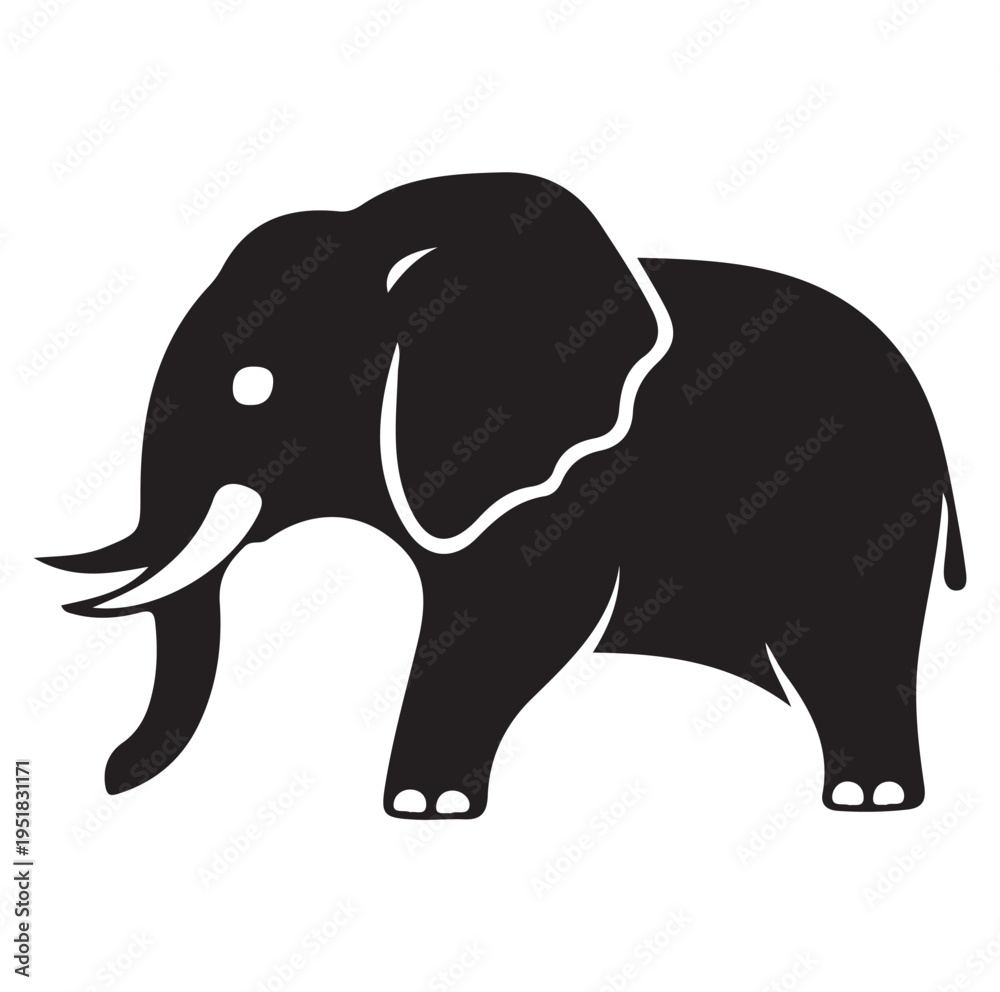 Fototapeta premium Stylized Black Elephant Vector Icon with White Tusks, Side View, Ideal for Wildlife Themes, Logos, and Educational Graphics