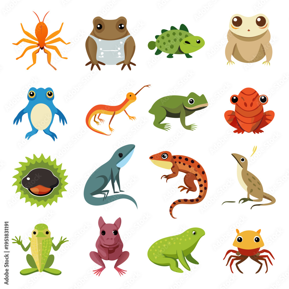 Naklejka premium Collection of cute cartoon amphibians and reptile illustrations
