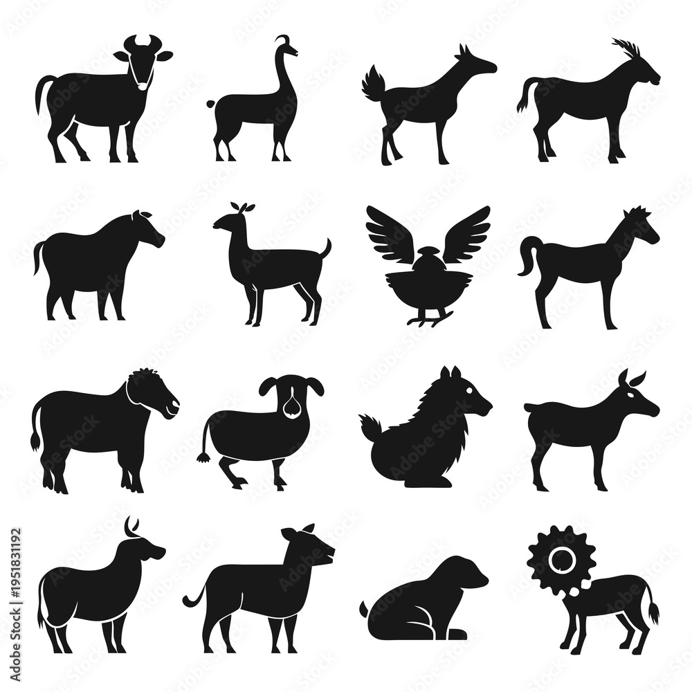 Naklejka premium Animal silhouettes set farm and wild animals illustration
