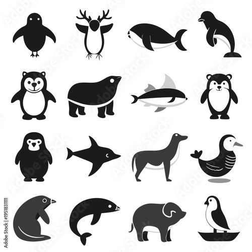 Collection of Animals Icons in Black and White Style