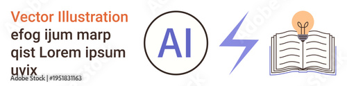 Artificial intelligence, innovation, education, digital learning, technological progress, creative ideas. AI symbol with a lightning bolt and an open book with a lightbulb. AI concept and innovation