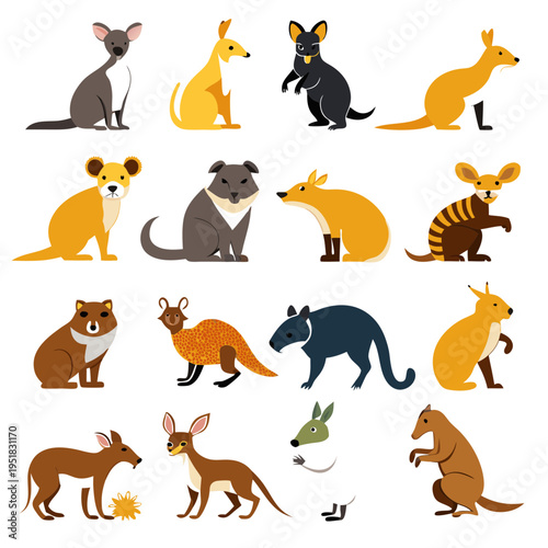 Collection of stylized native Australian animals in simple flat illustration