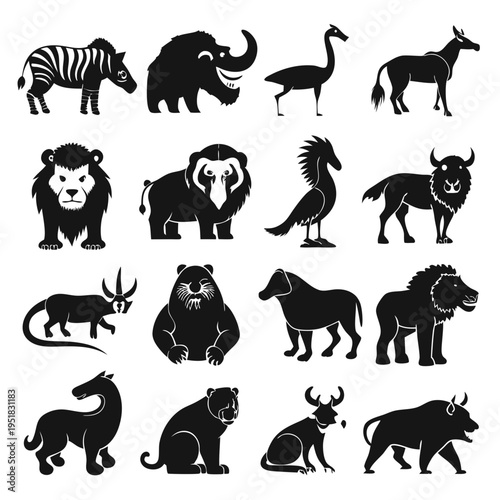 Monochrome animal silhouettes compilation with diverse species representation