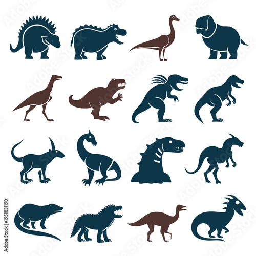 Diverse dinosaur species in flat vector silhouette style design