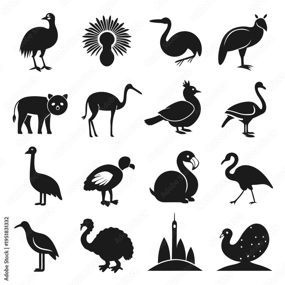 Fototapeta premium Black silhouette illustration of different bird species and one mammal