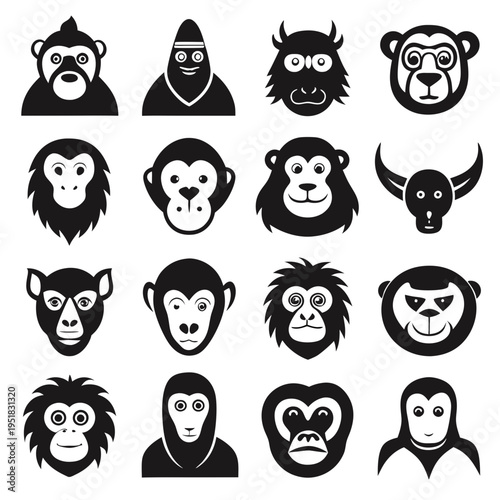 Monochrome monkey face icons collection, vector flat style art