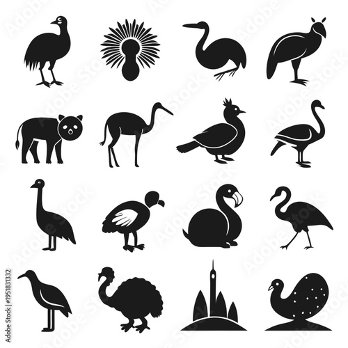 Black silhouette illustration of different bird species and one mammal
