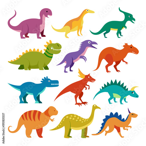 Colorful Cartoon Dinosaurs in Flat Design on White Background