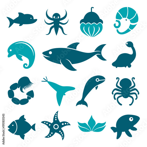 Marine life silhouettes in shades of blue stock illustration