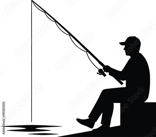 Silhouette of a man sitting and fishing with a rod
