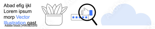 User satisfaction, feedback systems, online reviews, data analysis, digital storage, cloud technology. A plant pot, rating magnifier and cloud icon. Feedback systems and online reviews visualization