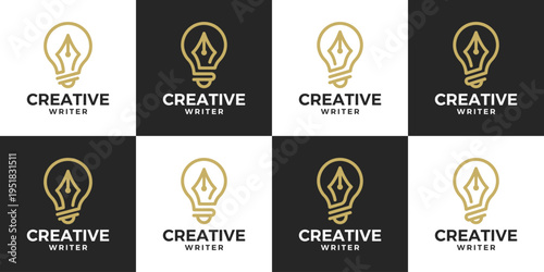Collection of a smart author logo design. Light bulb design graphic with pen vector illustration. Symbol, icon, creative.