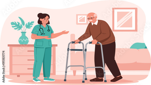 Professional Elderly Care Illustration Featuring Nurse Assisting Senior Man with Walker for Rehabilitation Nursing Home and Geriatric Healthcare Services