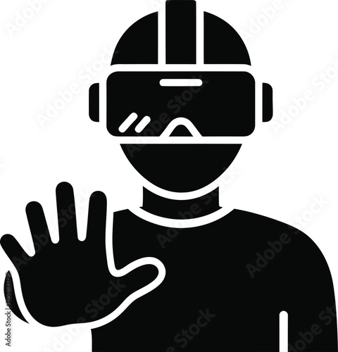 Virtual reality user wearing VR headset and gesturing with hand