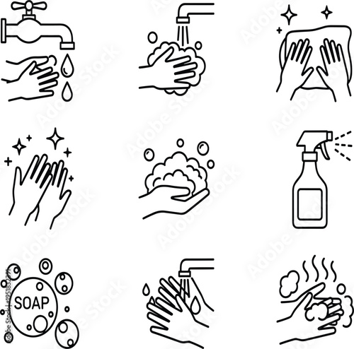 Professional Hand Washing and Sanitization Line Art Icon Set Featuring Soap Lathering Rinsing and Disinfectant Spray Symbols for Healthcare and Safety Graphics