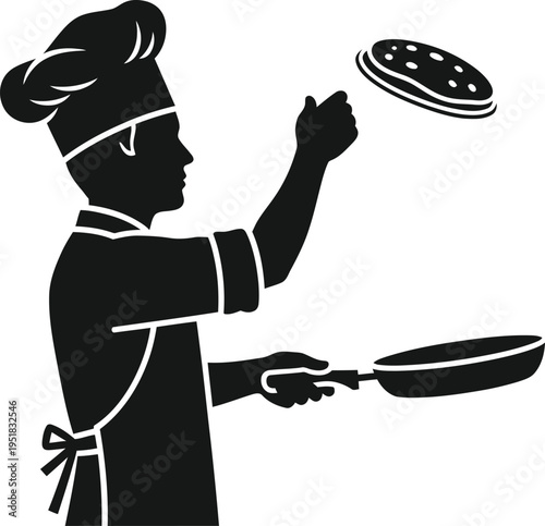Silhouette of chef tossing pizza in the air with a frying pan vector graphic illustration