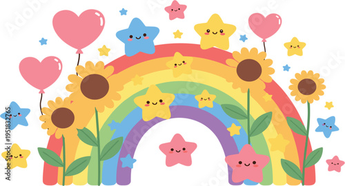 Whimsical Rainbow Illustration Featuring Smiling Stars Heart Balloons and Sunflowers for Childrens Nursery Decor Greeting Cards and Cute Stationary Design