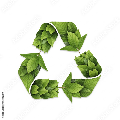 Green leaves form a recycling symbol on white background emphasizing ecology