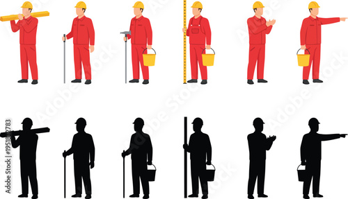 Construction Workers Vector Set Colored and Silhouette Illustration