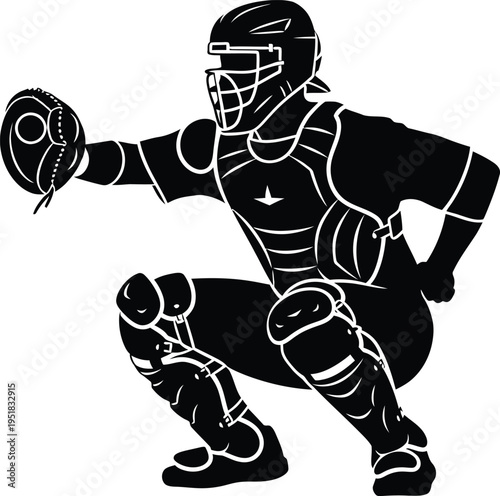 Black silhouette of a baseball catcher in a crouched position, wearing protective gear and holding a glove