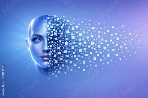 floating half human face hologram transitioning into structured square data particles, clean controlled dispersion effect, particles flowing outward in an organized pattern, soft blue and violet 