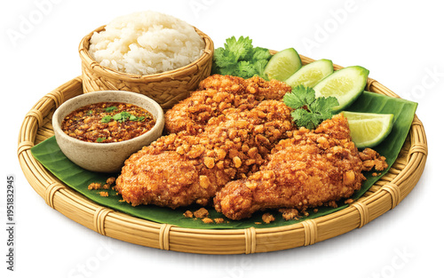 Thai Fried Chicken with Sticky Rice and Spicy Jaew Dipping Sauce, Isolated on Transparent Background