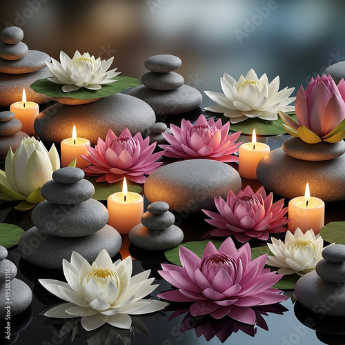 A serene arrangement of stacked stones, lit candles, and vibrant lotus flowers floating on water in a peaceful environment.