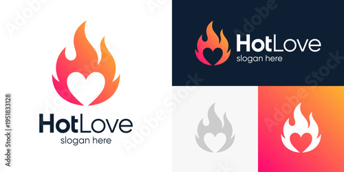 Hot love logo design. Heart love design graphic with flame fire vector illustration. Symbol, icon, creative.