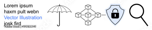 Cybersecurity, data protection, blockchain technology, risk management, decentralized systems, internet safety. Umbrella, blockchain nodes shield with lock magnifying glass. Focus on cybersecurity