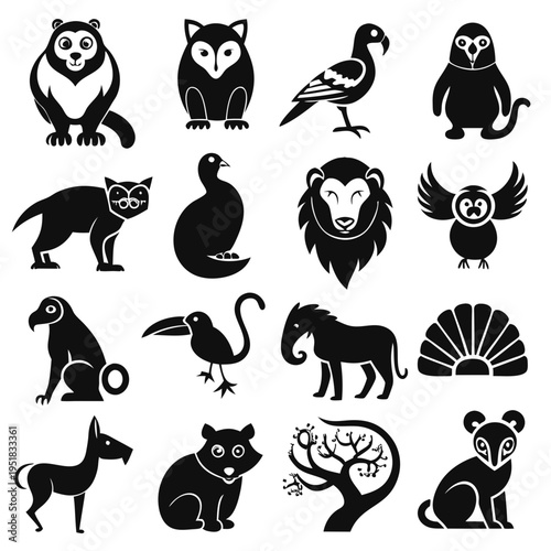 Collection of stylized black and white animal icons