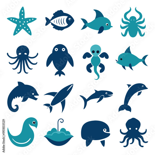 Collection of various stylized sea animals in cartoon style