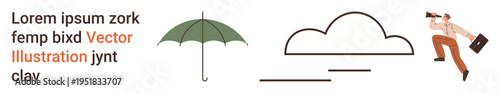 Business strategy, weather forecasting, exploration, outdoors, minimalism, abstract design. Green umbrella, minimal cloud outline person with telescope. Business strategy and weather forecasting