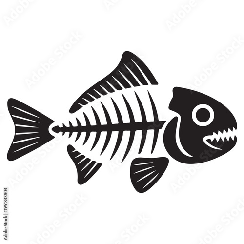 A striking black fish skeleton is depicted in a bold graphic style silhouette
