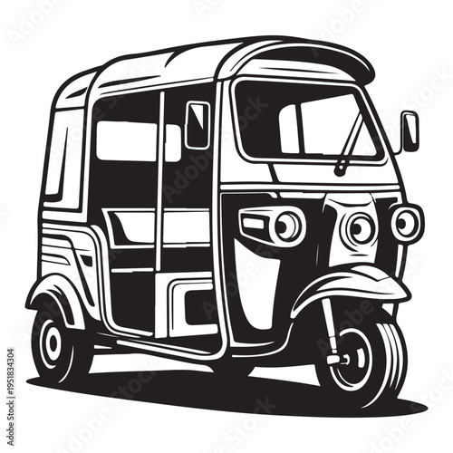 A detailed black and white illustration of a three wheeled auto rickshaw artistic silhouette
