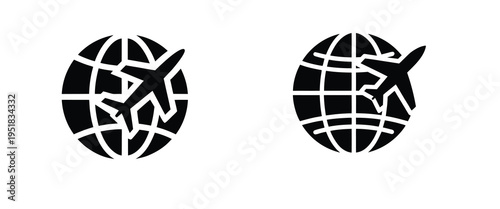 Global travel and aviation silhouette icon featuring airplane with world globe for international flight tourism transportation more vector illustration.