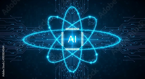 Glowing blue AI atom symbol on dark circuit background