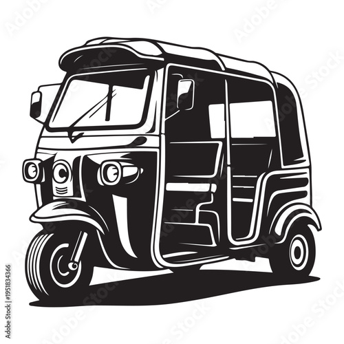 A detailed black and white illustration of a three wheeled auto rickshaw silhouette