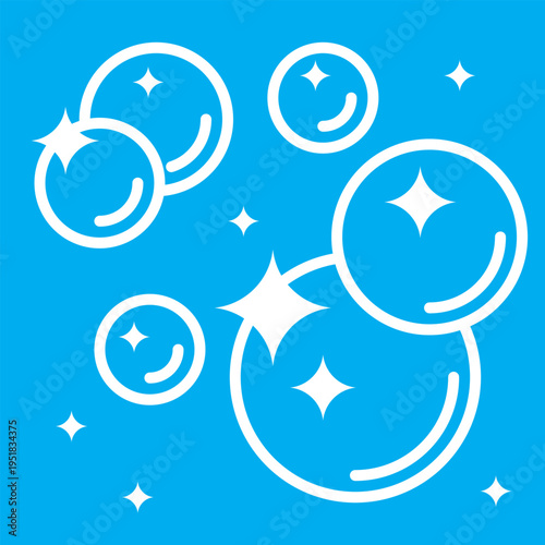 Soap shine bubbles linear icon on blue background. White soap foam vector in line style. Cleanliness symbol, shining bubbles, minimal icon for hygiene, cleaning products, and editable stroke design.