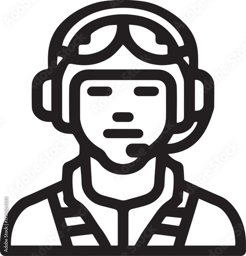 Hand Drawn Male Pilot Black and White Avatar Illustration in Minimal Line Art Style Design