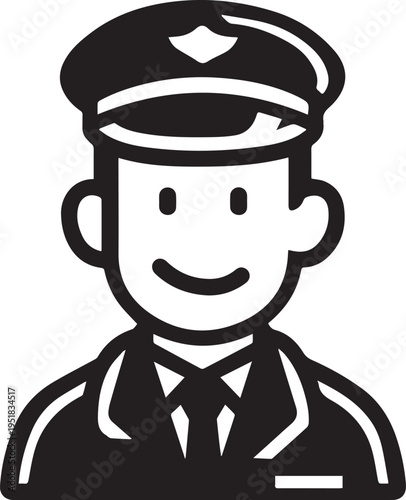 Hand Drawn Male Pilot Black and White Avatar Illustration in Minimal Line Art Style Design
