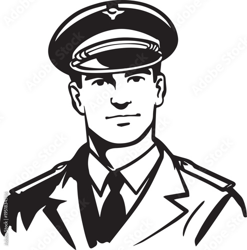 Hand Drawn Male Pilot Black and White Avatar Illustration in Minimal Line Art Style Design