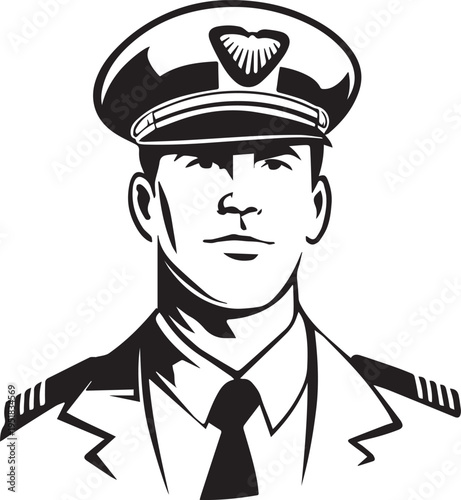 Hand Drawn Male Pilot Black and White Avatar Illustration in Minimal Line Art Style Design