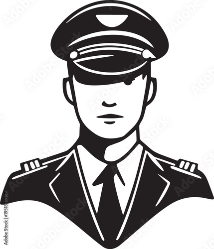 Hand Drawn Male Pilot Black and White Avatar Illustration in Minimal Line Art Style Design