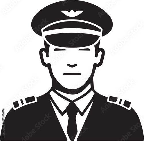 Hand Drawn Male Pilot Black and White Avatar Illustration in Minimal Line Art Style Design