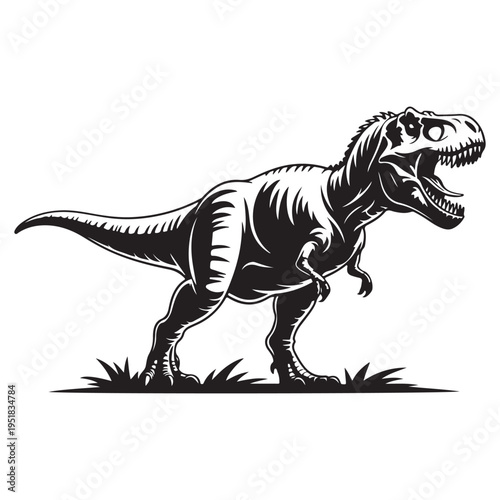 A powerful tyrannosaurus rex stands roaring with detailed textures presented as a striking silhouette