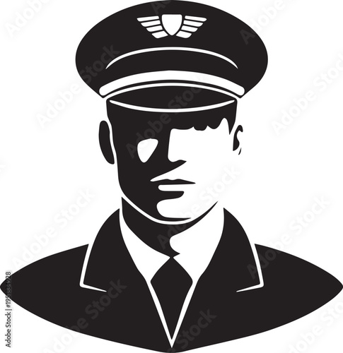 Hand Drawn Male Pilot Black and White Avatar Illustration in Minimal Line Art Style Design