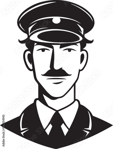 Hand Drawn Male Pilot Black and White Avatar Illustration in Minimal Line Art Style Design