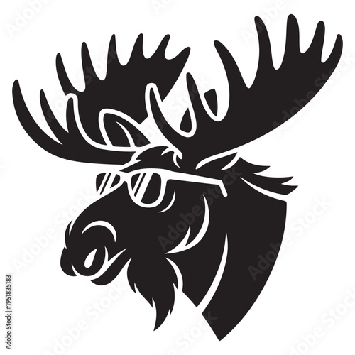 A cool moose wearing sunglasses is depicted in a striking black silhouette