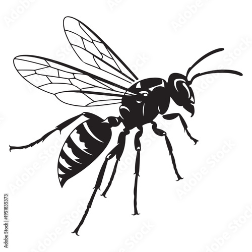 A detailed black silhouette of a wasp in flight showcasing its segmented body silhouette